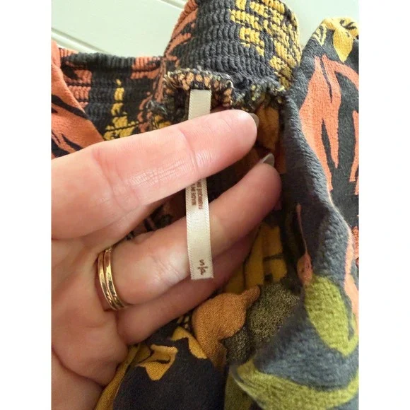 Free People Floral Wide Leg Smocked Pants Black Orange Boho Tiered Bell Bottom S - Picture 3 of 4